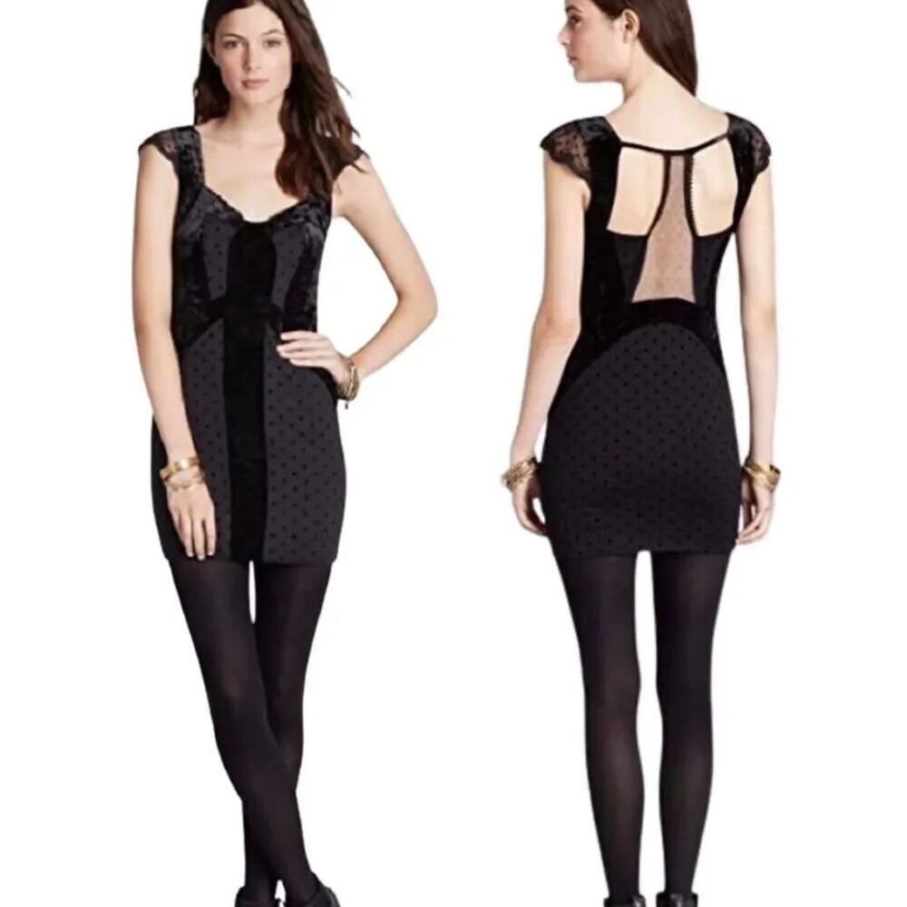 Free People Women's Black Velvet Madeline Mini Bodycon Dress Size XXS Lace